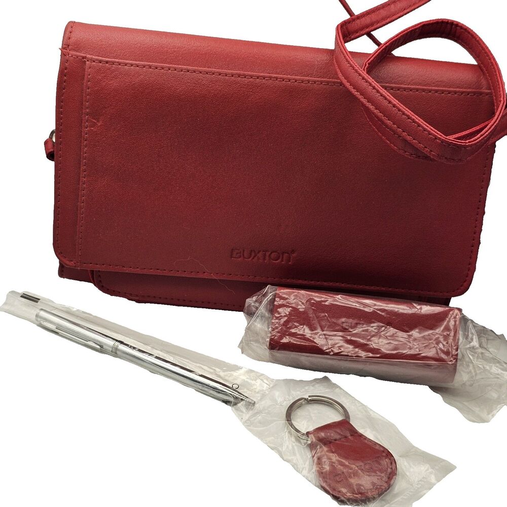 Buxton Red Leather Crossbody Purse With Lipstick Case, Keychain, Pen.  Brand New
